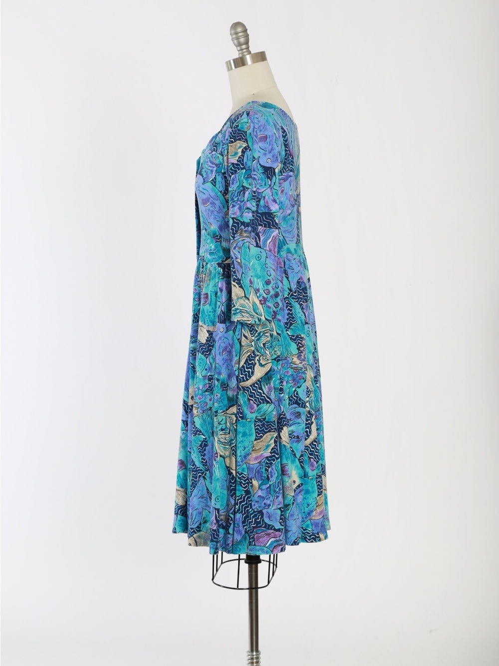 vintage 1980s Lanz Originals fish print midi blue purple dress size large - Picture 11 of 12
